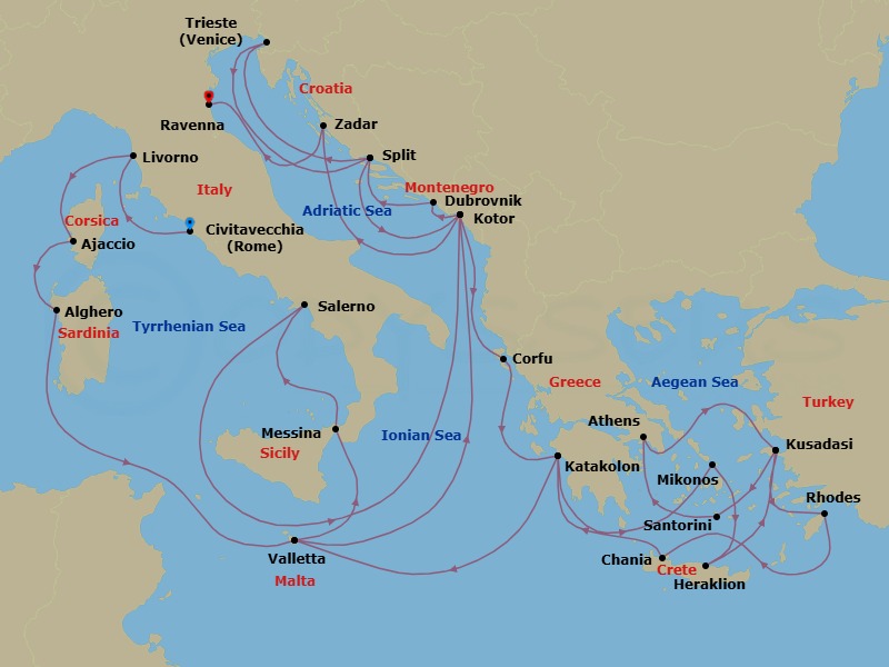 Route map: Civitavecchia (for Rome), Italy → Livorno (for Florence/Pisa), Italy → Corsica (Ajaccio), France → Sardinia (Alghero), Italy → Valletta, Malta → Kotor, Montenegro → Dubrovnik, Croatia → Split, Croatia → Trieste (for Venice), Italy → Split, Croatia