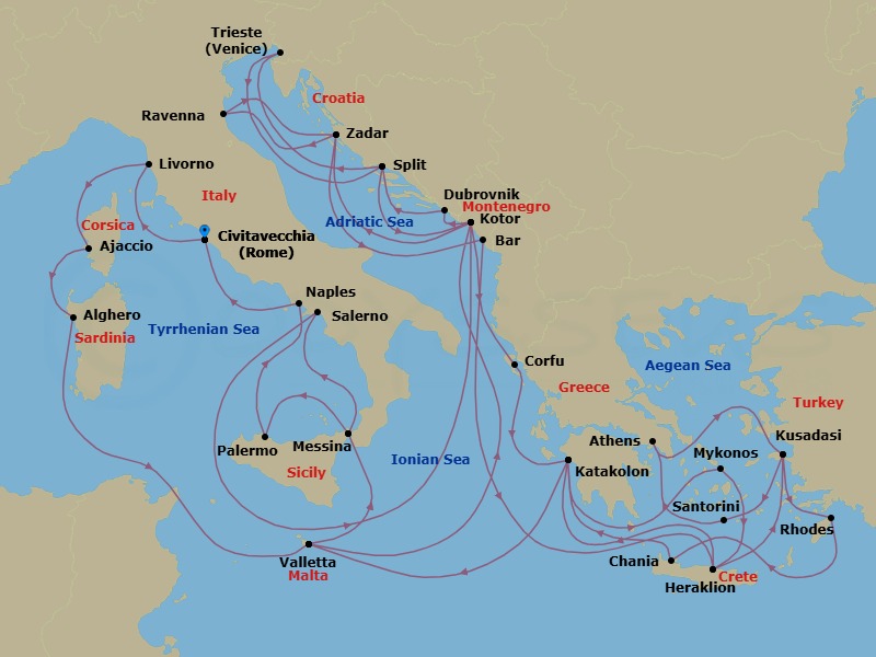 Route map: Civitavecchia (for Rome), Italy → Livorno (for Florence/Pisa), Italy → Corsica (Ajaccio), France → Sardinia (Alghero), Italy → Valletta, Malta → Kotor, Montenegro → Dubrovnik, Croatia → Split, Croatia → Trieste (for Venice), Italy → Split, Croatia