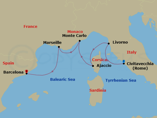 Route map: Rome (Civitavecchia) → Florence/Pisa (Livorno) → Corsica (Ajaccio) → Monte Carlo → Marseille → Barcelona