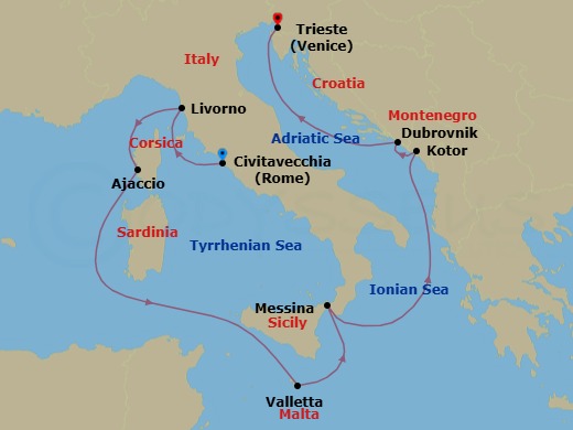 Route map: Civitavecchia (for Rome), Italy → Livorno (for Florence/Pisa), Italy → Corsica (Ajaccio), France → Valletta, Malta → Sicily (Messina), Italy → Kotor, Montenegro → Dubrovnik, Croatia → Trieste (for Venice), Italy