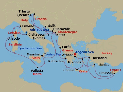 Route map: Civitavecchia (for Rome), Italy → Livorno (for Florence/Pisa), Italy → Corsica (Ajaccio), France → Valletta, Malta → Sicily (Messina), Italy → Kotor, Montenegro → Dubrovnik, Croatia → Trieste (for Venice), Italy → Split, Croatia → Kotor, Montenegro
