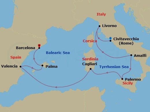 Route map: Rome (Civitavecchia), Italy → Florence/Pisa(Livorno),Italy → Amalfi Coast (Salerno),Italy → Sicily (Palermo),Italy → Cagliari,Sardinia,Italy → Valencia, Spain → Palma De Mallorca, Spain → Barcelona, Spain
