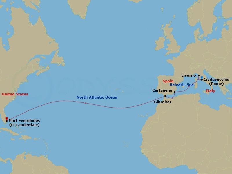 Route map: Civitavecchia (Rome), Italy → Livorno (Florence/Pisa), Italy → Cartagena, Spain → Gibraltar → Fort Lauderdale, Florida, US