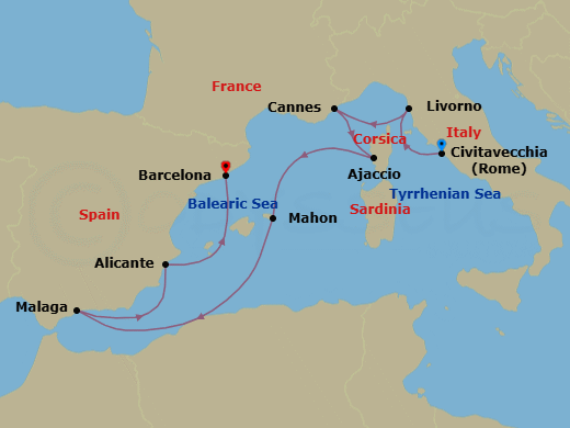 Route map: Civitavecchia (Rome) → Livorno (Florence) → Cannes → Ajaccio (Corsica) → Mahon (Menorca) → Malaga, Spain → Alicante → Barcelona