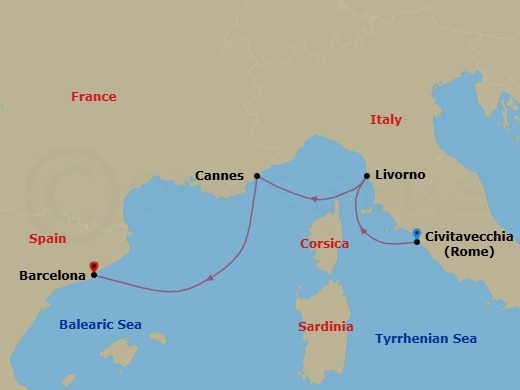 Route map: Rome (Civitavecchia) → Livorno → Cannes → Barcelona