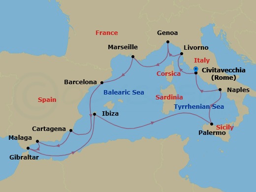 Route map: Civitavecchia (for Rome), Italy → Livorno (for Florence/Pisa), Italy → Genoa (for Cinque Terre), Italy → Marseille (Provence), France → Barcelona, Spain → Cartagena, Spain → Malaga, Spain → Gibraltar → Total Solar Eclipse 2027 → Ibiza, Spain