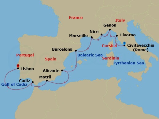 Route map: Rome (Civitavecchia) → Florence/Pisa/Tuscany (Livorno) → Genoa → Nice → Provence (Marseille) → Barcelona → Alicante → Granada (Motril) → Seville (Cadiz) → Lisbon