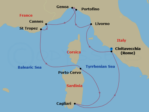 Route map: Civitavecchia (Rome) → Livorno (Florence) → Genoa → Portofino → Cannes → Saint-Tropez → Porto Cervo (Sardinia) → Sardinia/Cagliari → Civitavecchia (Rome)