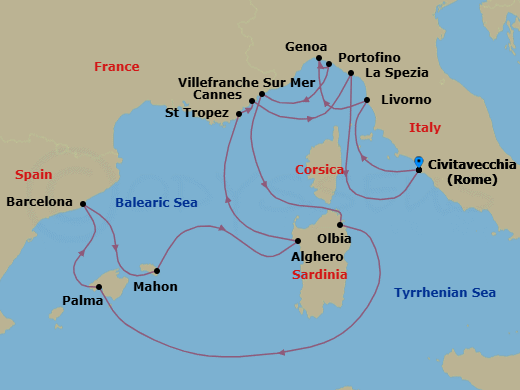 Route map: Civitavecchia (Rome) → Livorno (Florence) → Genoa → Portofino → Villefranche-Sur-Mer(Nice) → Olbia (Sardinia) → Palma De Mallorca → Barcelona → Mahon (Menorca) → Alghero (Sardinia)