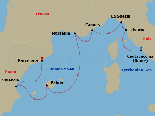Route map: Rome (Civitavecchia) → Florence/Pisa/Tuscany (Livorno) → Cinque Terre (La Spezia) → Cannes → Provence (Marseille) → Palma De Mallorca → Valencia → Barcelona