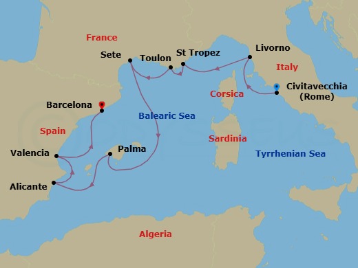 Route map: Rome (Civitavecchia) → Florence/Pisa/Tuscany (Livorno) → Saint-Tropez → Toulon → Sete → Palma De Mallorca → Alicante → Valencia → Barcelona