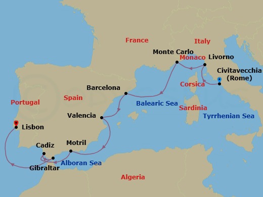 Route map: Rome (Civitavecchia) → Florence/Pisa/Tuscany (Livorno) → Monte Carlo → Barcelona → Valencia → Granada (Motril) → Seville (Cadiz) → Gibraltar → Lisbon