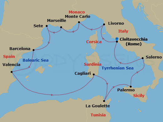 Route map: Rome (Civitavecchia) → Florence/Pisa (Livorno) → Monte Carlo → Marseille → Sete → Barcelona → Valencia → Sardinia (Cagliari) → Tunis (La Goulette) → Palermo Sicily