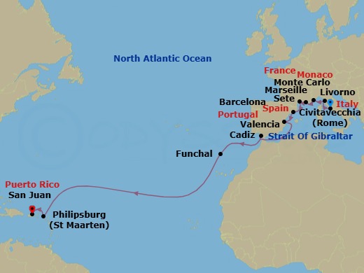 Route map: Rome (Civitavecchia) → Florence/Pisa (Livorno) → Monte Carlo → Marseille → Sete → Barcelona → Valencia → Seville (Cadiz) → Madeira (Funchal) → Philipsburg