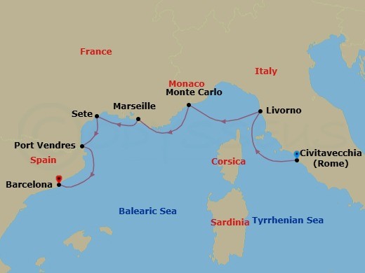 Route map: Civitavecchia (Rome), Italy → Livorno (Florence/Pisa), Italy → Monte Carlo, Monaco → La Joliette (Marseille), France → Sete, France → Port-Vendres, France → Barcelona, Spain