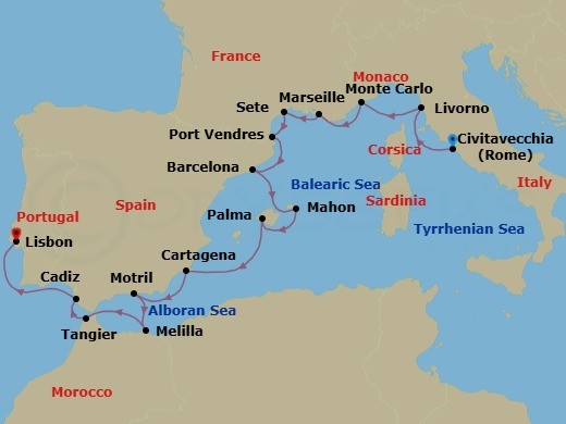 Route map: Civitavecchia (Rome), Italy → Livorno (Florence/Pisa), Italy → Monte Carlo, Monaco → La Joliette (Marseille), France → Sete, France → Port-Vendres, France → Barcelona, Spain → Mahon, Menorca, Spain → Palma de Mallorca, Spain → Cartagena, Spain