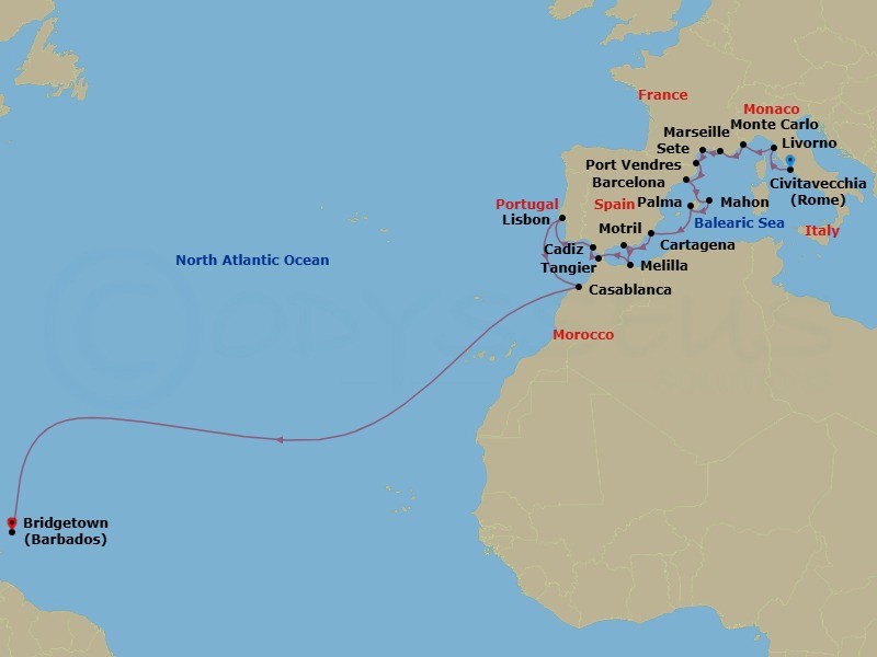 Route map: Civitavecchia (Rome), Italy → Livorno (Florence/Pisa), Italy → Monte Carlo, Monaco → La Joliette (Marseille), France → Sete, France → Port-Vendres, France → Barcelona, Spain → Mahon, Menorca, Spain → Palma de Mallorca, Spain → Cartagena, Spain