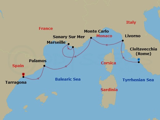 Route map: Rome (Civitavecchia) → Livorno → Monte Carlo → Marseille → Sanary-sur-Mer, France → Palma De Mallorca → Tarragona