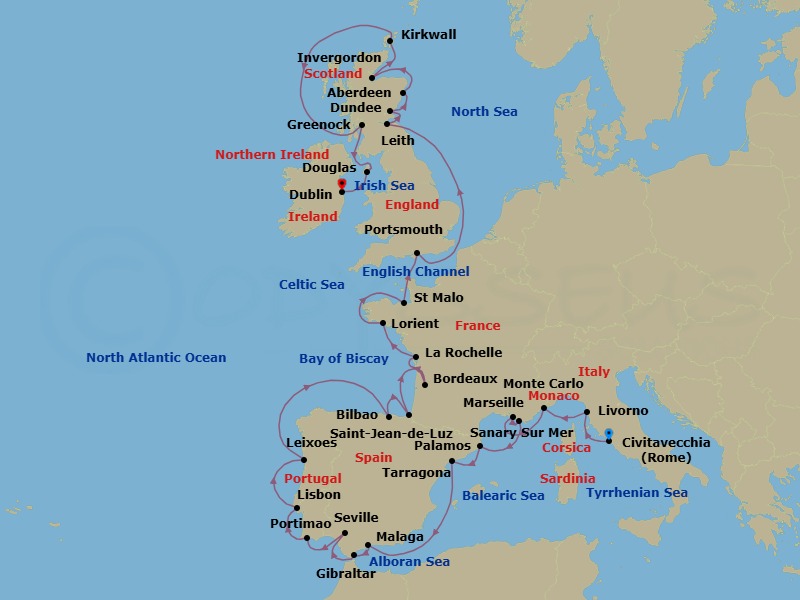 Route map: Rome (Civitavecchia) → Florence / Pisa (Livorno) → Monte Carlo → Provence (Marseille) → Sanary-Sur-Mer → Palamos → Barcelona (Tarragona) → Malaga → Gibraltar → Seville