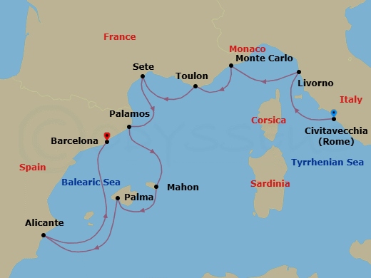 Route map: Rome (Civitavecchia) → Tuscany (Livorno) → Monte Carlo → Toulon → Sete → Palamos → Mahon (Minorca) → Palma De Mallorca → Alicante → Barcelona