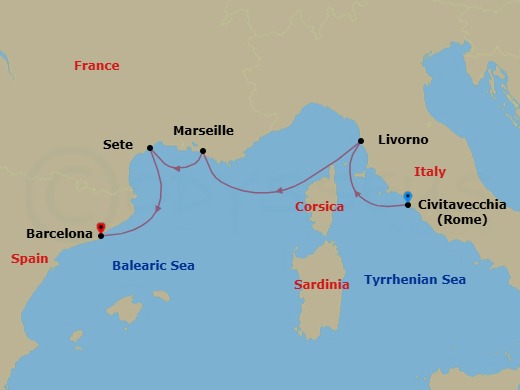 Route map: Rome (Civitavecchia) → Florence/Pisa (Livorno) → Marseille → Sete → Barcelona