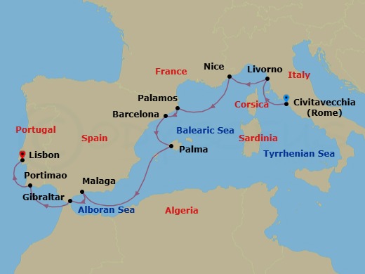 Route map: Rome (Civitavecchia) → Florence/Pisa/Tuscany (Livorno) → Villefranche → Palamos → Barcelona → Palma De Mallorca → Malaga → Gibraltar → Portimao → Lisbon