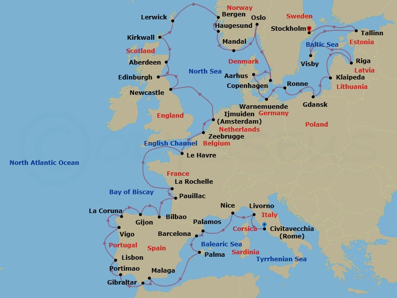 Route map: Rome (Civitavecchia) → Florence/Pisa/Tuscany (Livorno) → Villefranche → Palamos → Barcelona → Palma De Mallorca → Malaga → Gibraltar → Portimao → Lisbon