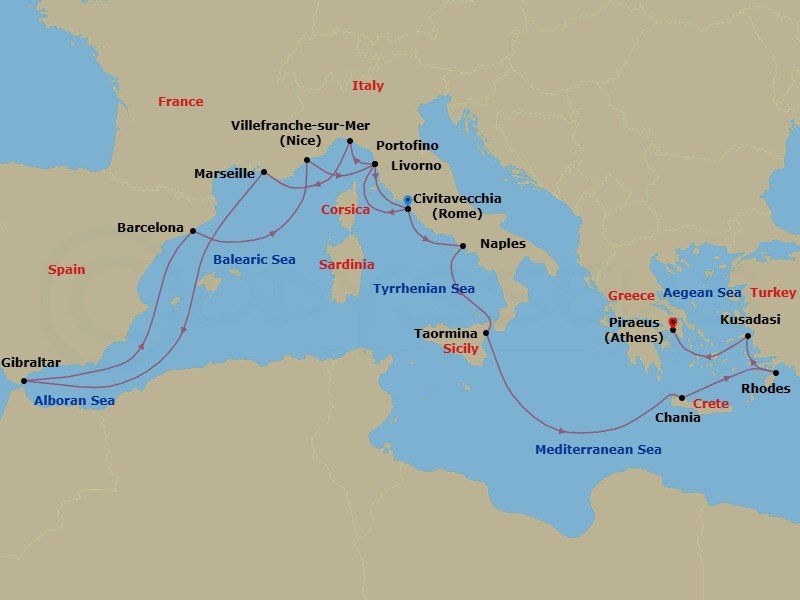 Route map: Civitavecchia (Rome), Italy → Livorno (Florence/Pisa), Italy → Portofino, Italy → Marseille (Provence), France → Gibraltar → Barcelona, Spain → Villefranche-sur-Mer (Nice), France → Livorno (Florence/Pisa), Italy → Civitavecchia (Rome), Italy → Naples (Pompeii/Amalfi), Italy