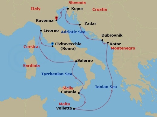 Route map: Civitavecchia  Rome, Italy → Livorno  Florence Pisa, Italy → Amalfi Coast (Salerno), Italy → Catania, Italy → Valletta, Malta → Kotor, Montenegro → Dubrovnik, Croatia → Zadar, Croatia → Koper, Slovenia → Venice (Ravenna), Italy