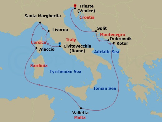 Route map: Civitavecchia (for Rome), Italy → Livorno (for Florence/Pisa), Italy → Santa Margherita, Italy → Corsica (Ajaccio), France → Valletta, Malta → Kotor, Montenegro → Dubrovnik, Croatia → Split, Croatia → Trieste (for Venice), Italy