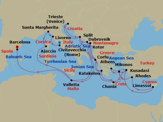 Route map: Civitavecchia (for Rome), Italy → Livorno (for Florence/Pisa), Italy → Santa Margherita, Italy → Corsica (Ajaccio), France → Valletta, Malta → Kotor, Montenegro → Dubrovnik, Croatia → Split, Croatia → Trieste (for Venice), Italy → Split, Croatia
