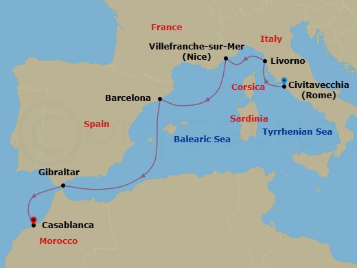Route map: Civitavecchia (Rome) → Livorno (Florence) → Villefranche-Sur-Mer(Nice) → Barcelona → Gibraltar → Casablanca
