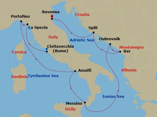 Route map: Rome (Civitavecchia), Italy → Florence/Pisa(Laspezia)Italy → Portofino, Italy → Amalfi Coast (Salerno),Italy → Sicily (Messina), Italy → Dubrovnik, Croatia → Bar, Montenegro → Split, Croatia → Ravenna, Italy
