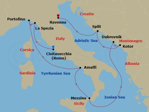 Route map: Rome (Civitavecchia), Italy → Florence/Pisa(Laspezia)Italy → Portofino, Italy → Amalfi Coast (Salerno),Italy → Sicily (Messina), Italy → Dubrovnik, Croatia → Kotor, Montenegro → Split, Croatia → Ravenna, Italy