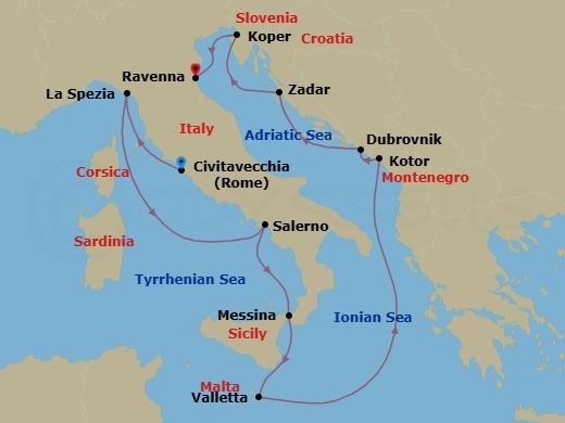 Route map: Civitavecchia  Rome, Italy → La Spezia, Italy → Amalfi Coast (Salerno), Italy → Messina, Italy → Valletta, Malta → Kotor, Montenegro → Dubrovnik, Croatia → Zadar, Croatia → Koper, Slovenia → Venice (Ravenna), Italy