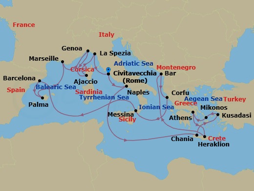 Route map: Civitavecchia (for Rome), Italy → Naples, Italy (for Capri & Pompeii) → Crete (Chania), Greece → Kusadasi, Turkey (for Ephesus) → Mykonos, Greece → Athens (Piraeus), Greece → Crete (Heraklion), Greece → Bar, Montenegro → Corfu, Greece → Sicily (Messina), Italy