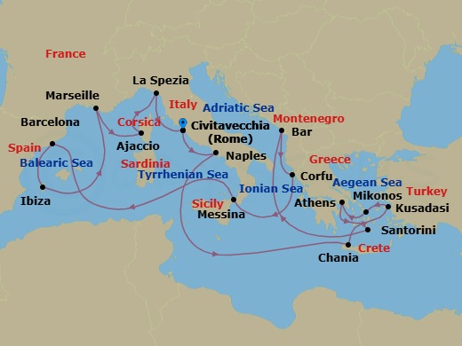 Route map: Civitavecchia (for Rome), Italy → Naples, Italy (for Capri & Pompeii) → Crete (Chania), Greece → Kusadasi, Turkey (for Ephesus) → Mykonos, Greece → Athens (Piraeus), Greece → Santorini, Greece → Bar, Montenegro → Corfu, Greece → Sicily (Messina), Italy