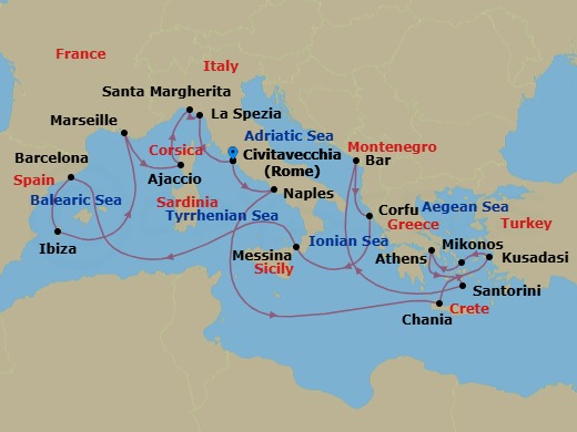 Route map: Civitavecchia (for Rome), Italy → Naples, Italy (for Capri & Pompeii) → Crete (Chania), Greece → Kusadasi, Turkey (for Ephesus) → Mykonos, Greece → Athens (Piraeus), Greece → Santorini, Greece → Bar, Montenegro → Corfu, Greece → Sicily (Messina), Italy