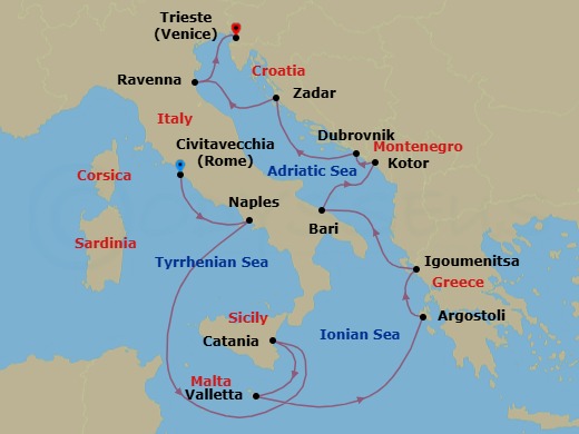 Route map: Rome (Civitavecchia) → Naples/Pompeii → Catania (Sicily) → Valletta → Argostoli (Cephalonia) → Igoumenitsa → Bari → Kotor → Dubrovnik → Zadar