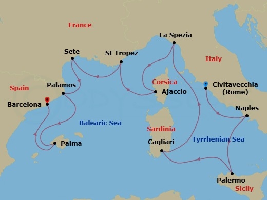 Route map: Rome (Civitavecchia) → Naples/Pompeii → Palermo (Sicily) → Cagliari (Sardinia) → La Spezia (Cinque Terre) → Ajaccio (Corsica) → Saint-Tropez → Sete → Palamos → Palma De Mallorca