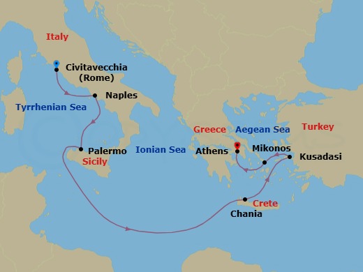 Route map: Civitavecchia (for Rome), Italy → Naples, Italy (for Capri & Pompeii) → Sicily (Palermo), Italy → Crete (Chania), Greece → Kusadasi, Turkey (for Ephesus) → Mykonos, Greece → Athens (Piraeus), Greece