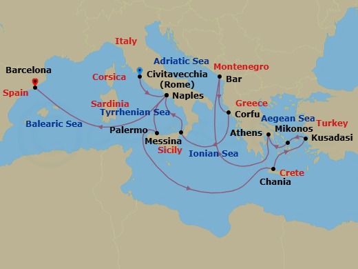 Route map: Civitavecchia (for Rome), Italy → Naples, Italy (for Capri & Pompeii) → Sicily (Palermo), Italy → Crete (Chania), Greece → Kusadasi, Turkey (for Ephesus) → Mykonos, Greece → Athens (Piraeus), Greece → Bar, Montenegro → Corfu, Greece → Sicily (Messina), Italy