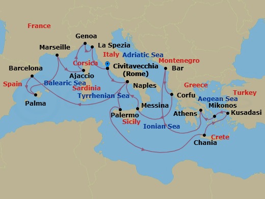 Route map: Civitavecchia (for Rome), Italy → Naples, Italy (for Capri & Pompeii) → Sicily (Palermo), Italy → Crete (Chania), Greece → Kusadasi, Turkey (for Ephesus) → Mykonos, Greece → Athens (Piraeus), Greece → Bar, Montenegro → Corfu, Greece → Sicily (Messina), Italy