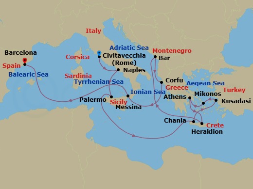 Route map: Civitavecchia (for Rome), Italy → Naples, Italy (for Capri & Pompeii) → Sicily (Palermo), Italy → Crete (Chania), Greece → Kusadasi, Turkey (for Ephesus) → Mykonos, Greece → Athens (Piraeus), Greece → Crete (Heraklion), Greece → Bar, Montenegro → Corfu, Greece