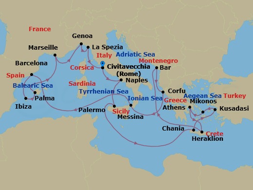 Route map: Civitavecchia (for Rome), Italy → Naples, Italy (for Capri & Pompeii) → Sicily (Palermo), Italy → Crete (Chania), Greece → Kusadasi, Turkey (for Ephesus) → Mykonos, Greece → Athens (Piraeus), Greece → Crete (Heraklion), Greece → Bar, Montenegro → Corfu, Greece