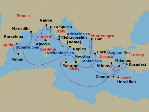 Route map: Civitavecchia (for Rome), Italy → Naples, Italy (for Capri & Pompeii) → Sicily (Palermo), Italy → Crete (Chania), Greece → Kusadasi, Turkey (for Ephesus) → Mykonos, Greece → Athens (Piraeus), Greece → Crete (Heraklion), Greece → Bar, Montenegro → Corfu, Greece
