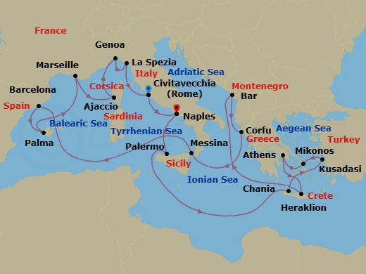 Route map: Civitavecchia (for Rome), Italy → Naples, Italy (for Capri & Pompeii) → Sicily (Palermo), Italy → Crete (Chania), Greece → Kusadasi, Turkey (for Ephesus) → Mykonos, Greece → Athens (Piraeus), Greece → Crete (Heraklion), Greece → Bar, Montenegro → Corfu, Greece