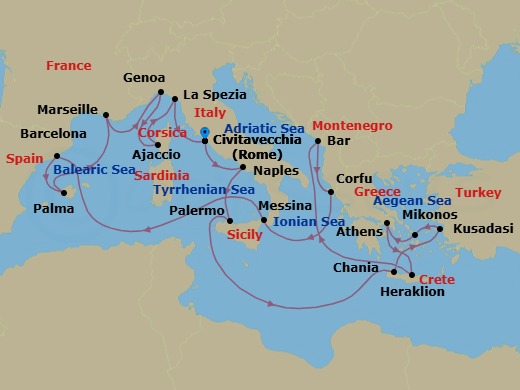 Route map: Civitavecchia (for Rome), Italy → Naples, Italy (for Capri & Pompeii) → Sicily (Palermo), Italy → Crete (Chania), Greece → Kusadasi, Turkey (for Ephesus) → Mykonos, Greece → Athens (Piraeus), Greece → Crete (Heraklion), Greece → Bar, Montenegro → Corfu, Greece