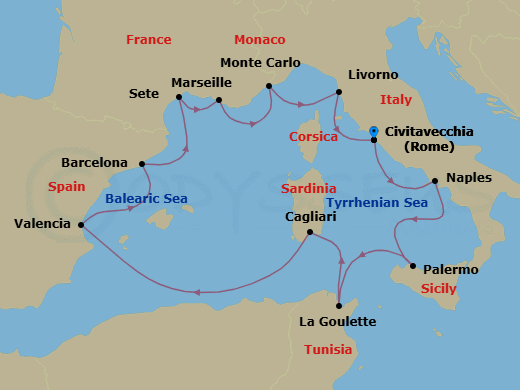 Route map: Rome (Civitavecchia) → Naples → Palermo Sicily → Tunis (La Goulette) → Sardinia (Cagliari) → Valencia → Barcelona → Sete → Marseille → Monte Carlo