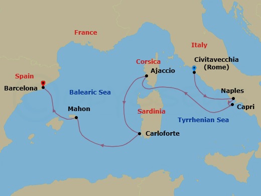 Route map: Civitavecchia (Rome) → Port Of Naples → Capri → Ajaccio (Corsica) → Carloforte → Mahon (Menorca) → Barcelona